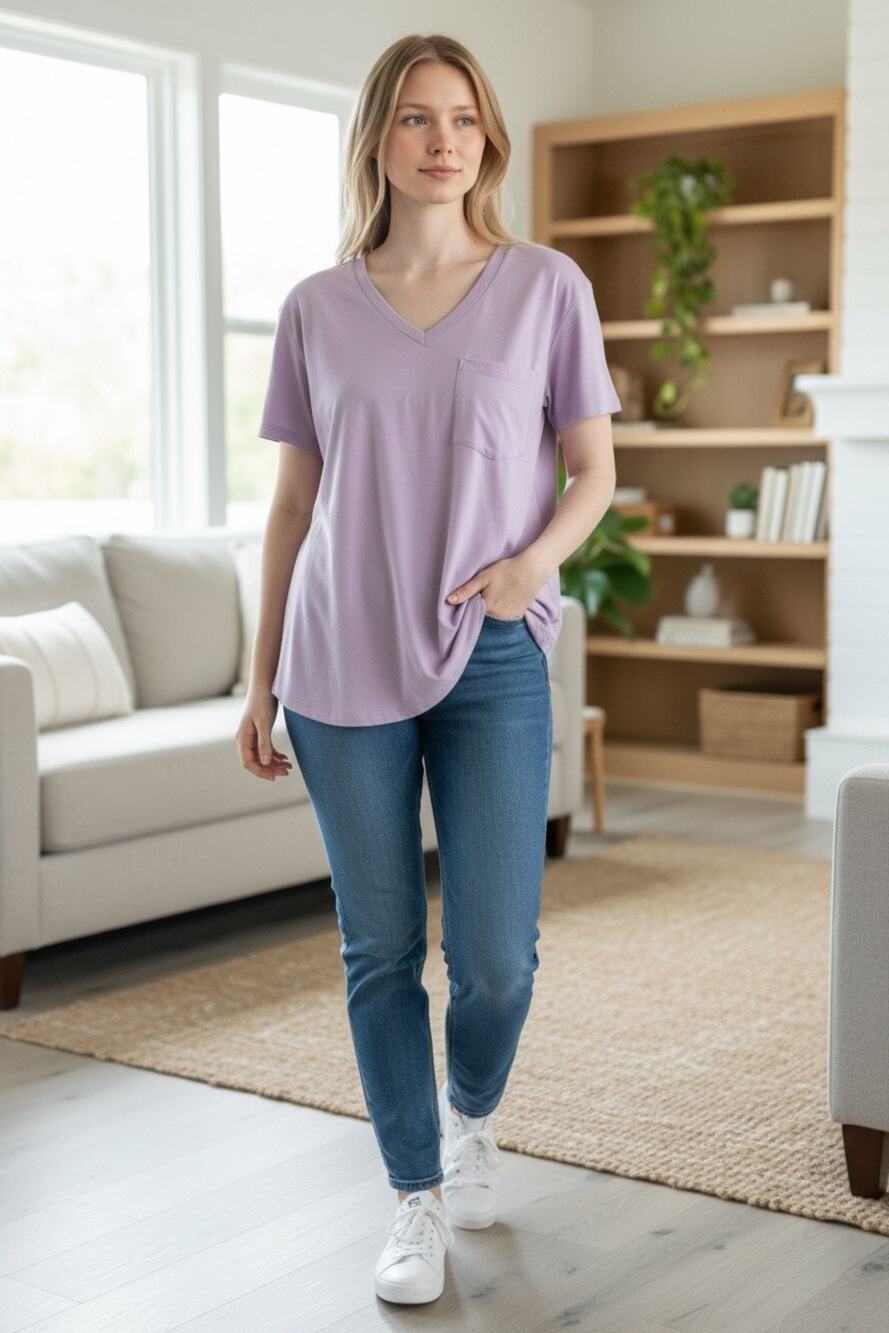 Women’s Lavender Purple V Neck Pocket T Shirt Short Sleeve Relaxed Fit Top